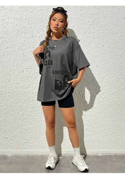 Flood Of Style Kadın Füme Energetic Baskılı Oversize Gri