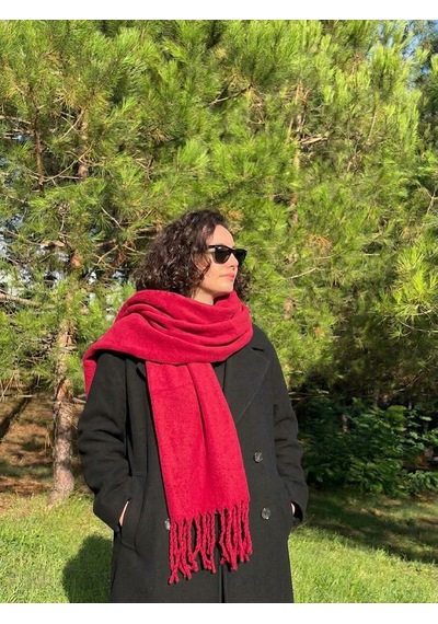 Yusan Tekstil Püsküllü Düz Renk Atkı-kışlık Yumuşak Dokulu Atkı Kırmızı