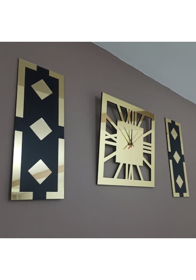 Altın Renk Aynalı Pleksi Modern Tasarım Yuvarlak Duvar Saati Tablo 3 Lü Set Sessiz Mekanizma Saat 40x40cm Tablo 50x20 Cm Gold - Siyah