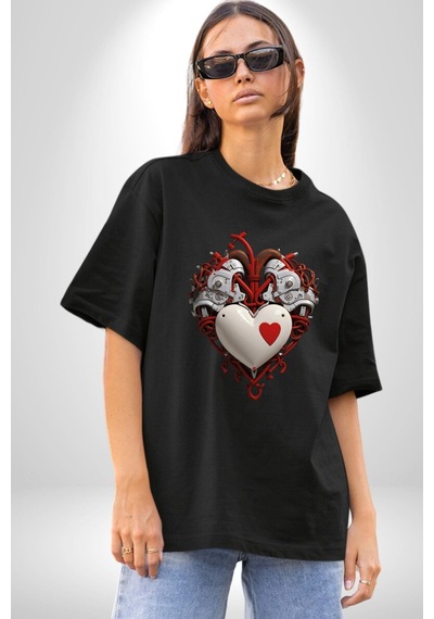 Robot Kalp Atardamar Pamuklu Bisiklet Yaka Unisex Oversize Boyfriend Dijital Baskılı Siyah T-shirt Siyah Robot Kalp Atardamar Pamuklu Bisiklet Yaka Unisex Oversize Boyfriend Dijital Baskılı Siyah T-shirt Siyah
