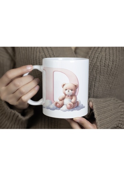 D Baş Harf Sevimli Ayıcık Detaylı Kupa Bardak, Tatlı Pembe Bardak Hediyesi - Teddy Figür Beyaz