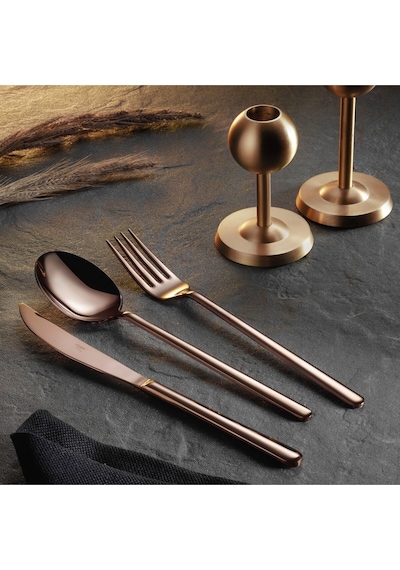 Arsel Lotus Titanyum Rose Gold 84 Parça Parlak Bakır Renk Çatal Kaşık Bıçak Takımı 304 Kalite 4mm Set Gümüş