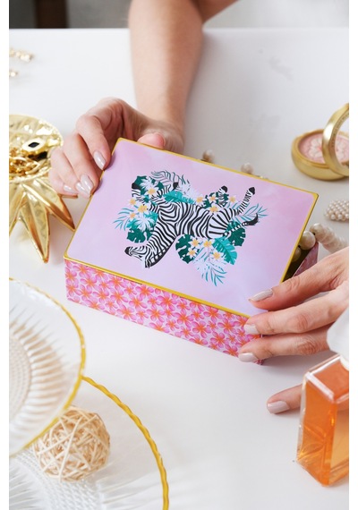 Premium Zebra Desenli Pembe Dekoratif Organizer Kutu Takı, Makyaj, Dikiş Ve Aksesuar Saklama Kutusu 160x102x50 Mm