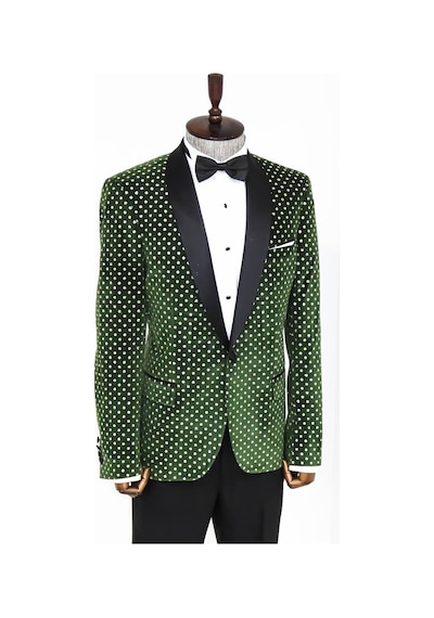 Wessi Nokta Desenli Slim Fit Koyu Yeşil Erkek Smokin Ceket Koyu Yeşil