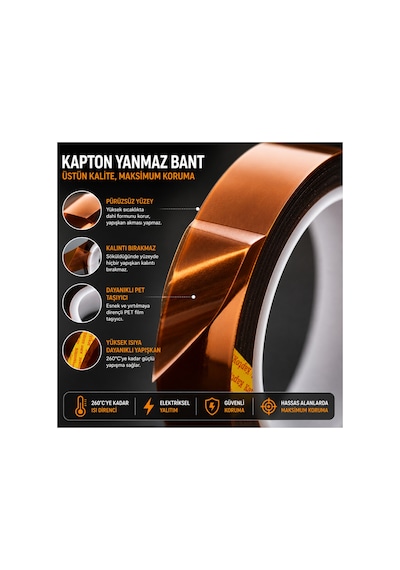 Kapton Yanmaz Bant Yüksek Isıya Dayanıklı Isı Bandı 2mm X 30 Metre