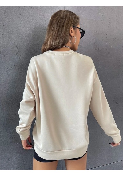 Uyguntarz Unisex Papatya Kelebek Baskılı Tasarım Oversize Bisiklet Yaka Sweatshirt Bej