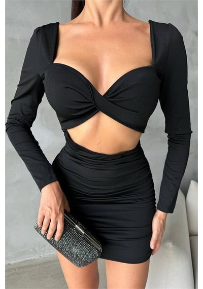 Dip Moda Kadın Sırt Ve Göğüs Dekolteli Mini Elbise Dpnbdf079 Siyah