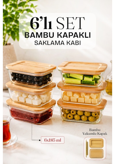 Bambu Vakumlu Kapaklı 6'lı Dikdörtgen Kase Cam Saklama Kabı Kahvaltılık Buzdolabı Tatlı Fırın Borcam