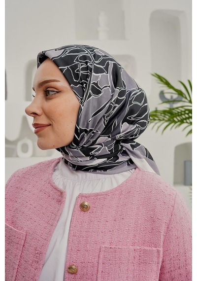 Afvente Yaprak Desen Gri Soft Pamuk Eşarp