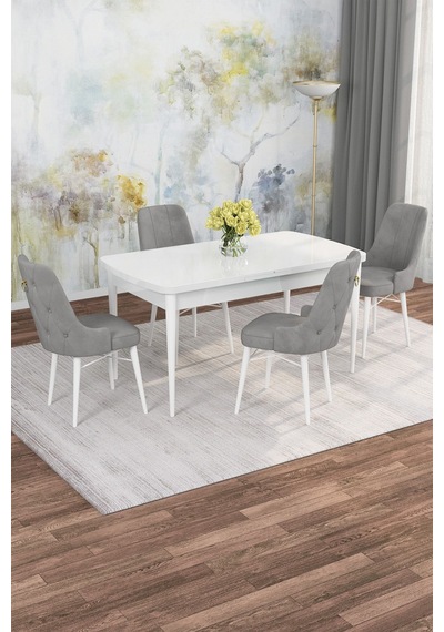 Mona Beyaz 80x132 Açılabilir Mdf Masa Yemek Odası Takımı, Mutfak Takımı 4 Adet Sandalye Beyaz Masa - 4 Gri - Beyaz Ayak Mona Beyaz 80x132 Açılabilir Mdf Masa Yemek Odası Takımı, Mutfak Takımı 4 Adet Sandalye Beyaz Masa - 4 Gri - Beyaz Ayak