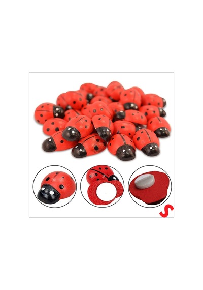 Uğur Böceği Ahşap Sticker, 1,5cm X 1,2cm X 15 Adet - Kırmızı