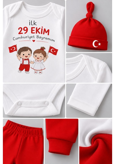 Babyden's İlk 29 Ekim Cumhuriyet Bayramım Baskılı 3'lü Bebek Takımı 100 Pamuk Uzun Kollu Çıtçıtlı Body Pantolon Bere Seti Beyaz - Kırmızı