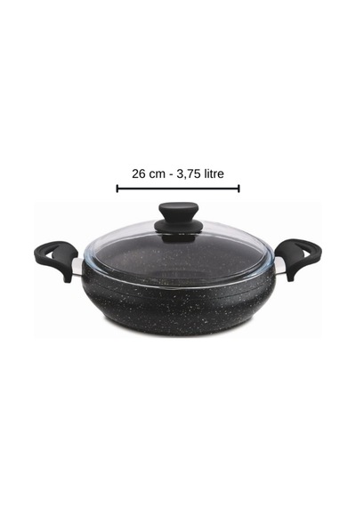 Granit Pro 26 Cm Basık Granit Güveç Tencere Siyah Bakalit Saplı Cam Kapaklı Yapışmaz