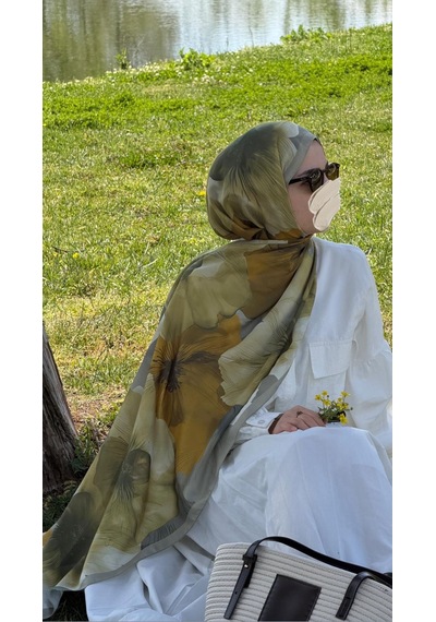 Qalortex Scarf Pamuklu Rosaly Desen Şal-yağ Yeşil Yağ Yeşili