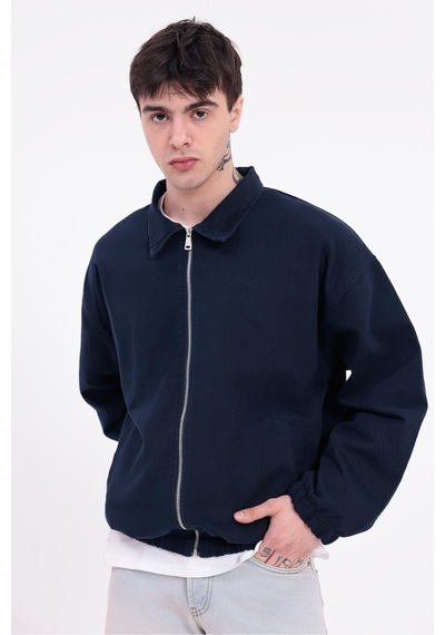 Erkek Gabardin Kumaş Fermuarlı Oversize Beli Lastikli Mevsimlik Ceket-265 Lacivert