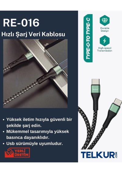 Ferro Reshurk Re-016 Type-c & Type-c 60w Metal Uclu 1000cm 3,1a Hasır Kablo