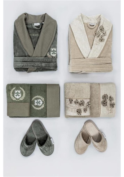 Ecocotton Masal Aile Bornoz Seti M-L Bej-Yeşil Bej - Yeşil
