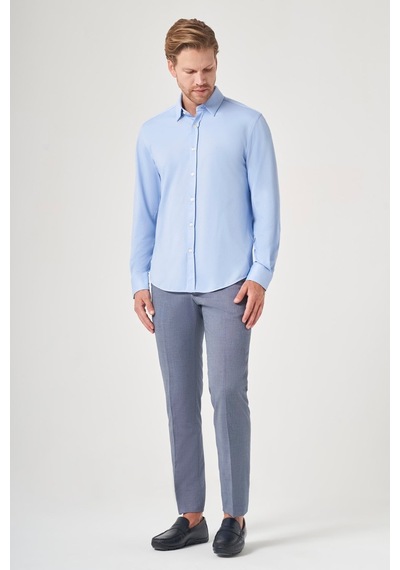 İmza Mavi Tulum Yaka Uzun Kol Cepsiz Örme Slim Fit Pamuklu Gömlek 1004260208 Koyu Mavi
