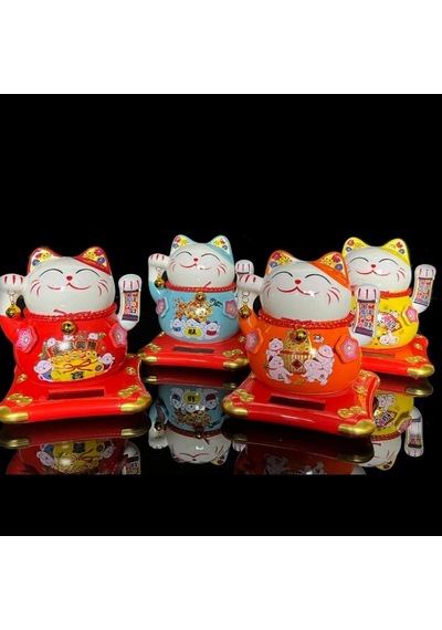 Seramik Maneki Neko Turuncu Güneş Enerjili Şans Kedisi 12cm No.4