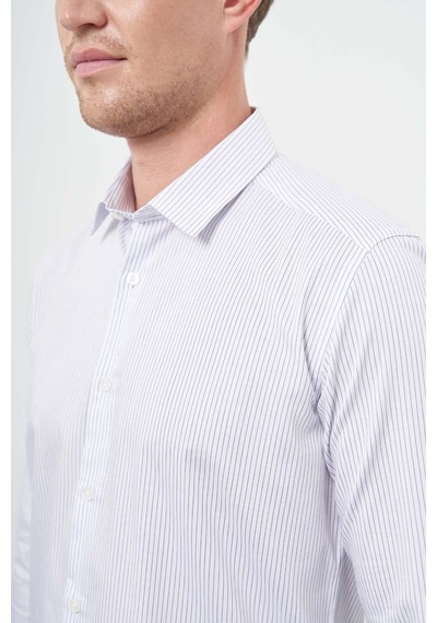 İmza Beyaz Uzun Kol Çizgili Desen Gabardin Sert Yaka Cepsiz Pamuklu Classic Slim Fit Gömlek 1004245205 Duman Beyaz