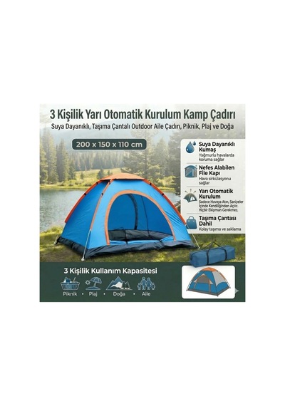 Buffer 3 Kişilik Yarı Otomatik Kurulum Kamp Çadırı Suya Dayanıklı, Taşıma Çantalı Outdoor Aile Ça Yeşil