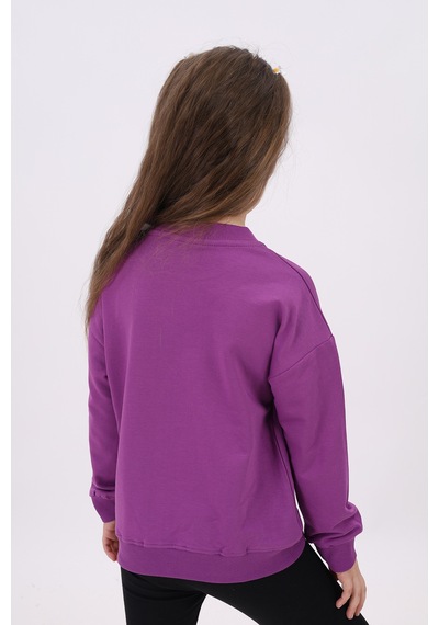 Toontoy Kız Çocuk Relax Fit Bisiklet Yaka Düşük Omuz Nakış Baskılı Sweatshirt - 2 İplik Mor
