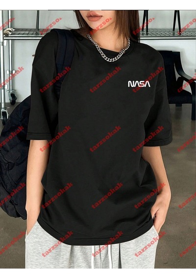 Tarzsokak Unisex Nasaa Baskılı Tshirt Beyaz Siyah