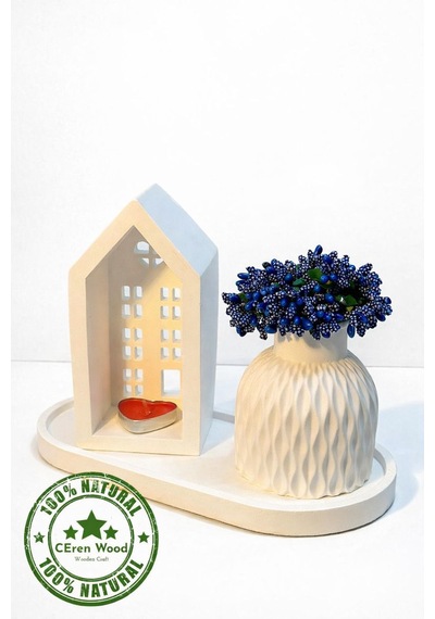 Ceren Wooden Boyanabilir Dekoratif Ev Mumluk Ve Çiçek Vazo Seti El Yapımı Doğal Tasarım Beyaz