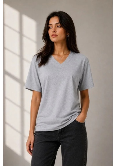 İkales V Yaka Basic Tişört Kısa Kol Yazlık Regular Fit T-shirt - Gri