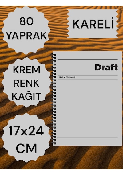 Kareli 17x24 Cm Sert Kapak Not Defteri Krem Renk Kağıt 80 Yaprak Gri