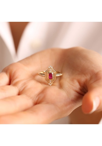 14 Ayar Altın Ruby Yüzük Özel Tasarım Coral T11013 Renkli