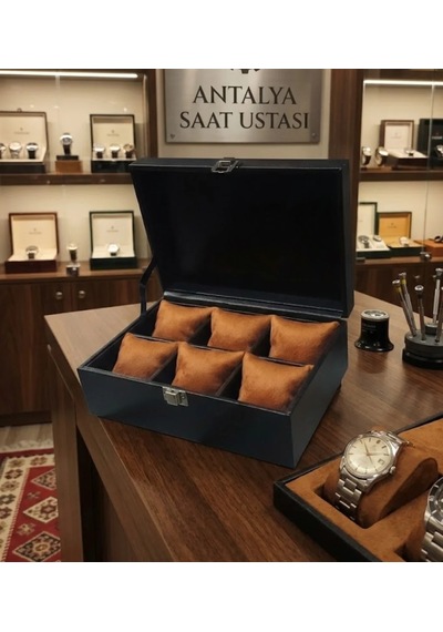 6 Lı Suni Deri Kadife Yastıklı Saat Organizer Kutusu Taba