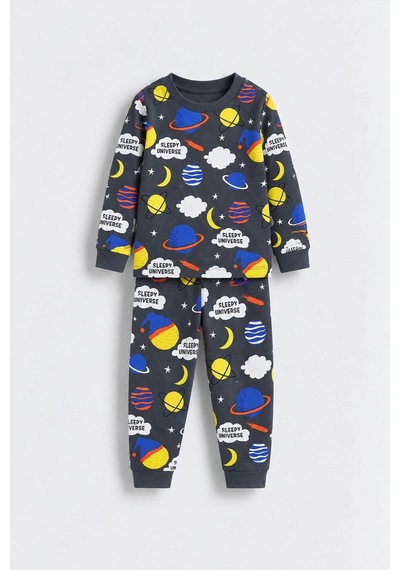 Zuzunga Planet Pattern Uzun Kollu Erkek Çocuk Pijama Takımı Füme