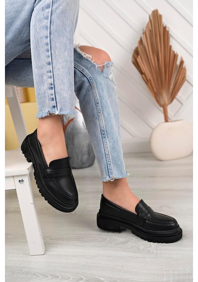 Aymood Kadın Loafer Yuvarlak Burun Maskülen Bağcıksız Yüksek Dolgu Taban Oxford Ayakkabı E Siyah Cilt Siyah