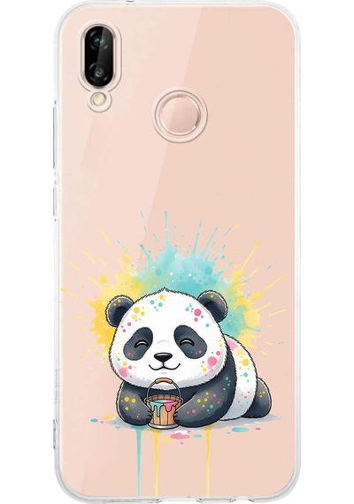 Huawei P20 Lite İle Uyumlu Splash Panda Tasarımlı Şeffaf Silikon Kılıf Şeffaf