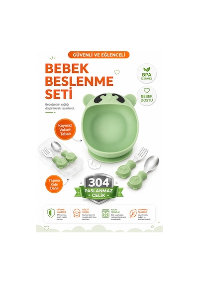 Yeşil Premium Çocuk Vakumlu Silikon Beslenme Mama Kase, Paslanmaz Çelik Çatal-kaşık /9+ Ay