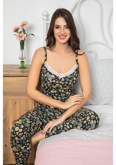 Myben Kadın Siyah Renkli Dantel Detaylı Şortlu Ve Taytlı Pijama Takımı 3'lü Set 75011 Siyah