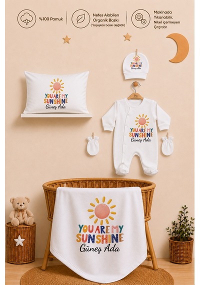 Pia Baby İsme Özel 5 Parça Kız Bebek Hastane Çıkışı Tulum Seti %100 Pamuk Organik Baskılı 2061tyb0x Ekru