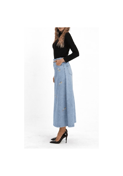 Çiçekli Nakış Detaylı Uzun Denim Etek- Açık Mavi Çok Renkli