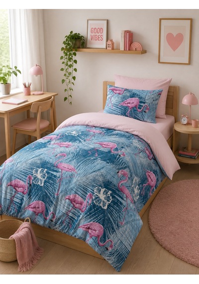 Mystory Home Lastikli Çarşaflı Tek Kişilik Nevresim Takımı Flamingo