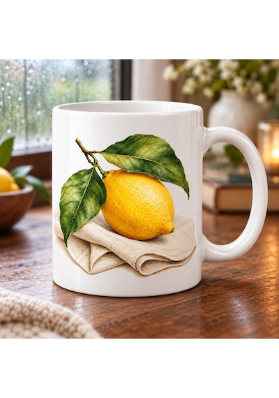 Storeşahin Keten Üzerinde Limon Tasarımlı Porselen Kupa - Model 616 Shn0720
