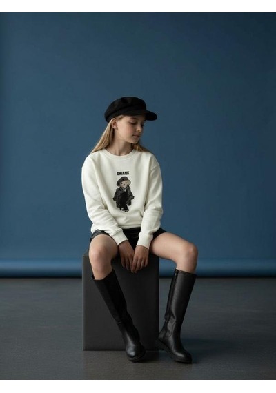 Kız Çocuk İki İplik Ayıcık Nakışlı Tasarım Sweatshirt-16467 Ekru