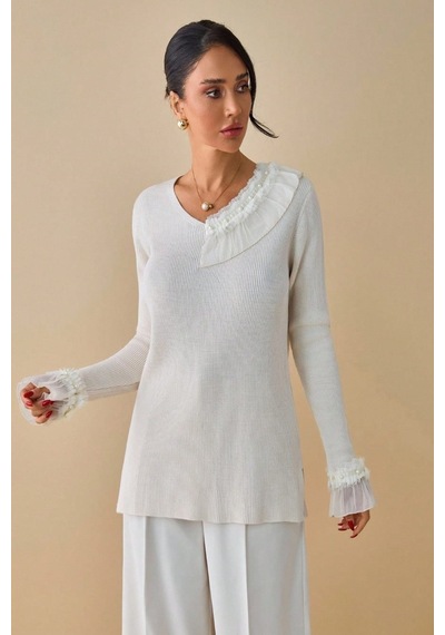 Onno Style Women Triko Omuz Kol Dantelli Selanik Kazak Krem