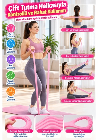 Egzersiz Esnetme Direnç Lastiği 8 Şekilli Pilates Yoga Fitness Kol Bacak Omuz Çalışma Bandı Ev Sporu Çok Renkli