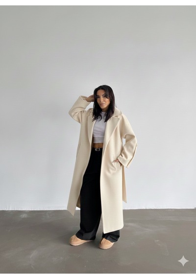 Roll Fashion Krem Kadın Geniş Yaka Kuşaklı Uzun Kaşe Palto Açık Bej