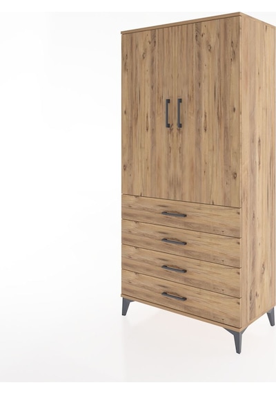 Hyperion Dolap Tek Raflı 4 Çekmeceli Tek Askılı 88x44x182 Çam... Çam