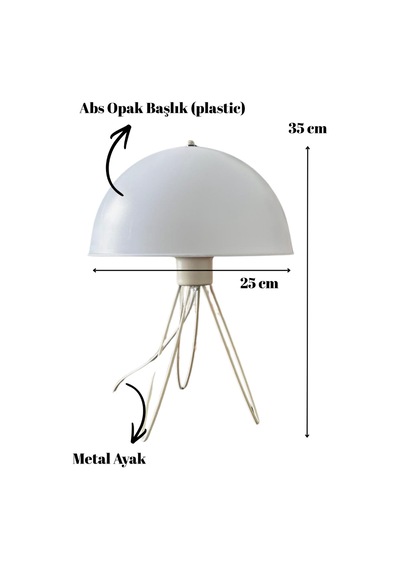 Haus Tripod Metal Ayaklı Opak Mika Mantar Başlıklı Abajur Her Yöne Işık Veren Masa Lambası Beyaz