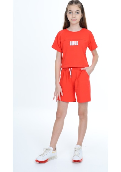 Toontoy Kids Toontoy Kız Çocuk Crop Aloha Yazı Baskılı Şortlu Takım Nar Çiçeği