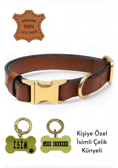 Hakiki Deri Köpek Boyun Tasması, Kişiye Özel Künyeli Lux Seri Kh Kahverengi