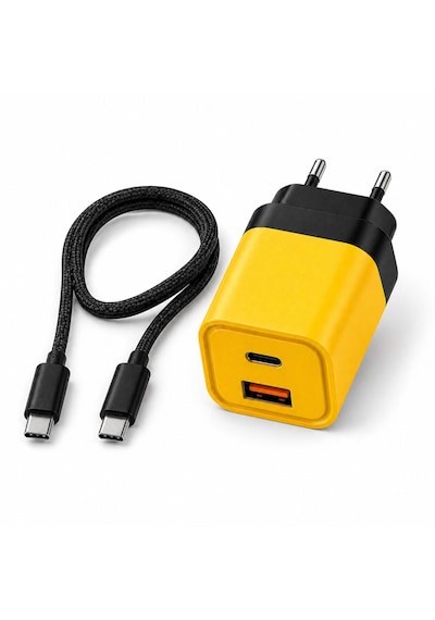 25w Hızlı Şarj Adaptörü + Type-c To Type-c Kablo Seti Pd & Qc 3.0 Destekli Usb + Type-c Çift Giriş Akıllı Koruma Hızlı Şarj Aleti Sarı